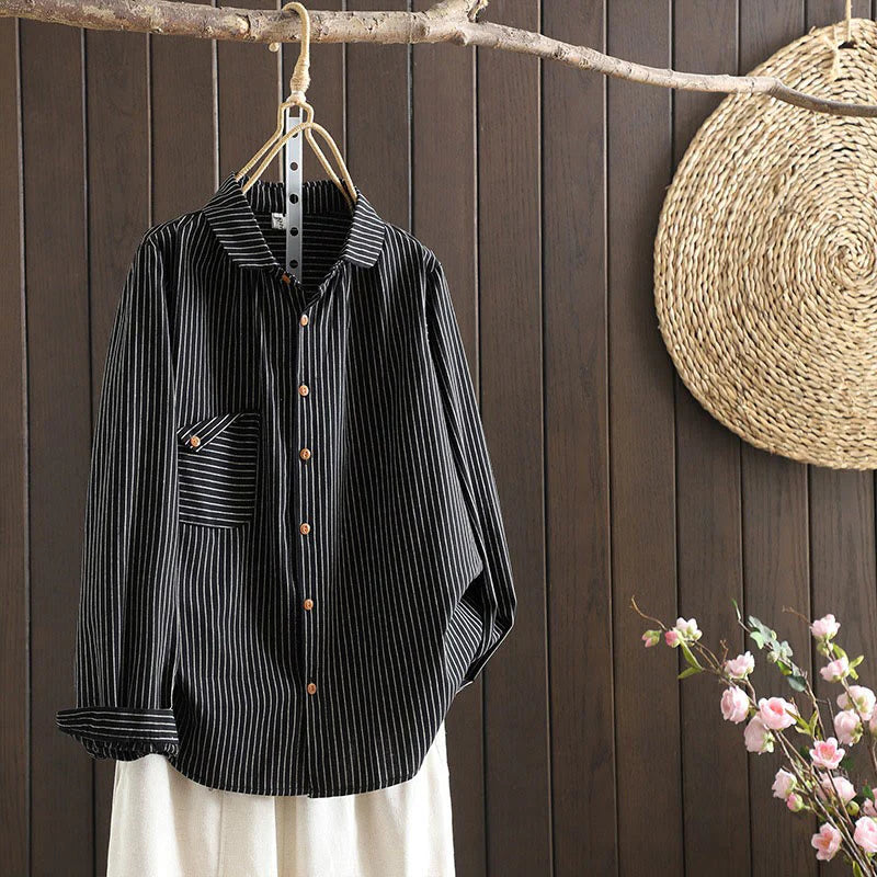 Buddha Stones Fall Stripe Stand Collar Buttons Women's Long Sleeve Shirt With Pocket