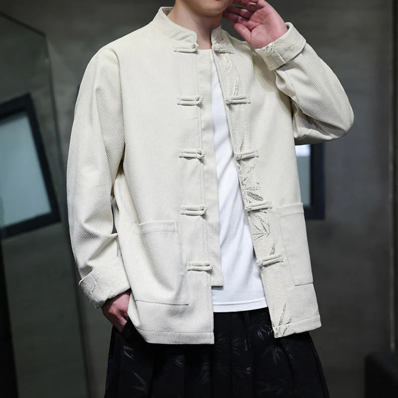 Buddha Stones Fall Bamboo Frog-Button Long Sleeve Men's Corduroy Cotton Jacket With Pockets
