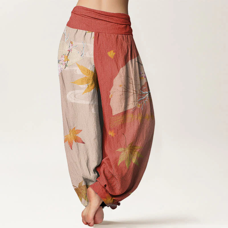 Buddha Stones Cotton Casual Folding Fan Flowers Maple Leaves Cloud Pattern Women's Elastic Waist Harem Pants