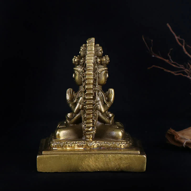 Buddha Stones Chenrezig Thousand-handed Avalokitesvara Figurine Double-sided Kuan Yin Bodhisattva Protection Solid Copper Statue Decoration