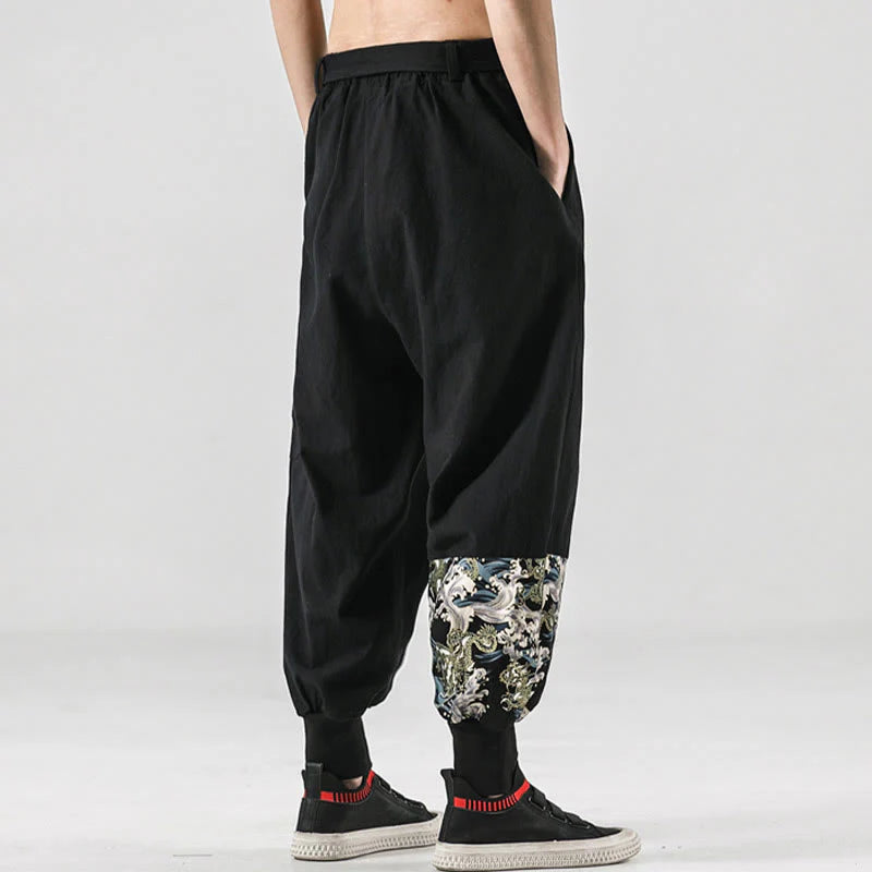 Buddha Stones Ocean Waves Lace-up Cotton Men's Harem Pants With Pockets
