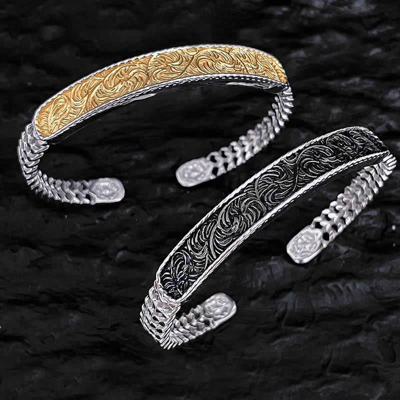 Buddha Stones Tang Dynasty Flower Design Engraved Copper Luck Cuff Bracelet Bangle Adjustable Ring