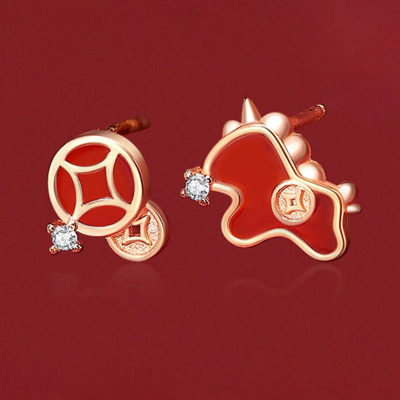 Buddha Stones 925 Sterling Silver Coin Red Agate Year Of The Horse Asymmetric Protection Earrings