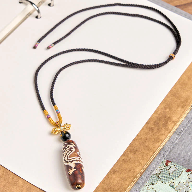 Buddha Stones Tibetan Agate Dragon Pattern Nine-eye Dzi Protection Necklace Pendant