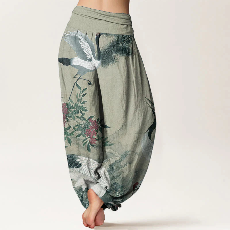 Buddha Stones Cotton Casual Red-crowned Crane Pine Tree Mountain Women's Elastic Waist Harem Pants