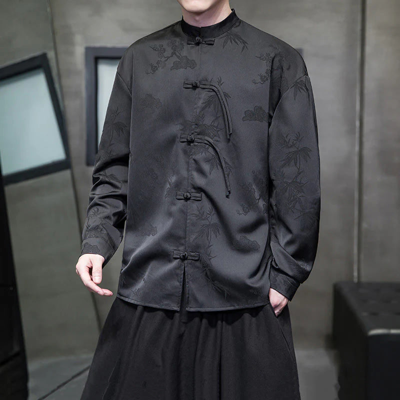 Buddha Stones Plain Frog-Button Design Tang Suit Men's Long Sleeve Jacket