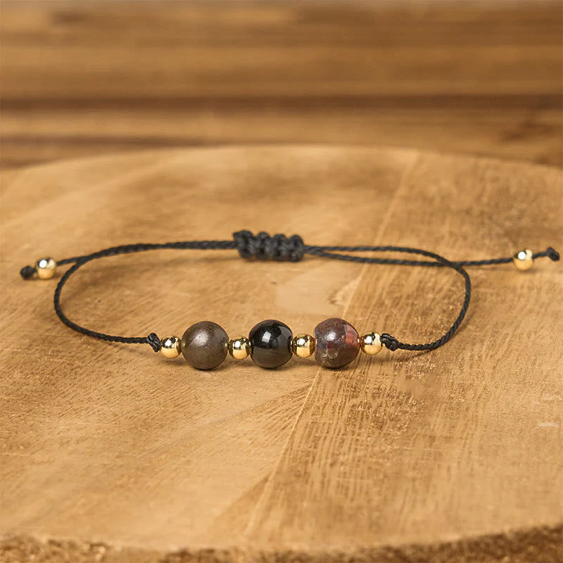 Buddha Stones Tiger Eye Black Tourmaline Pyrite Protection Card Rope Bracelet