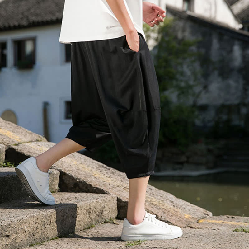 Buddha Stones Summer Elastic Waist Drawstring Solid Color Half Men's Tapered Pants With Pockets