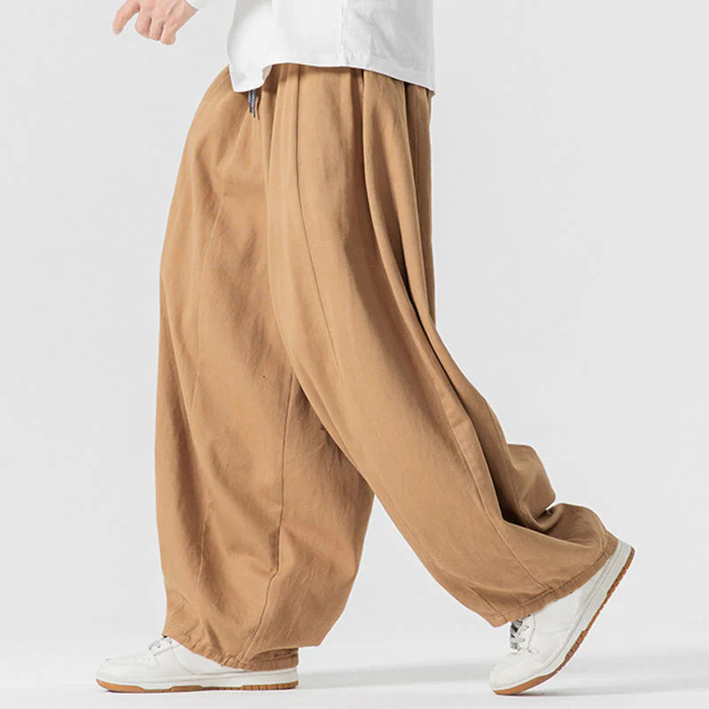 Buddha Stones Fall Solid Color Cotton Elastic Waist Men's Harem Pants With Pockets