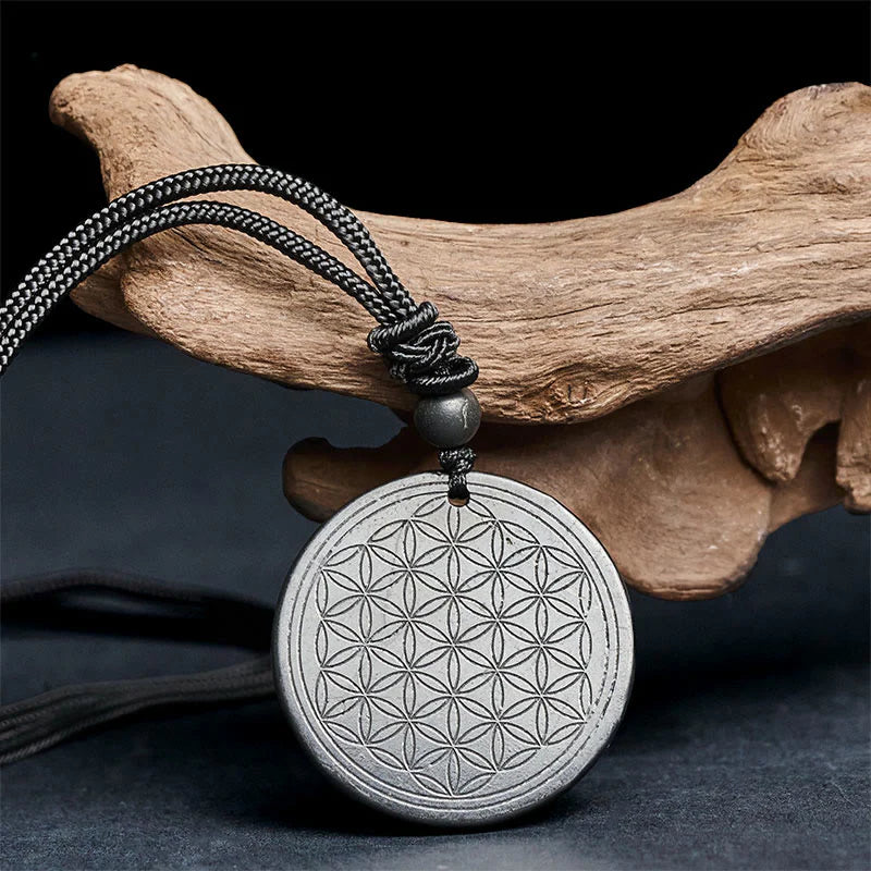 Buddha Stones Flower of Life Carving Design Authentic Shungite Stone Protection Necklace Pendant