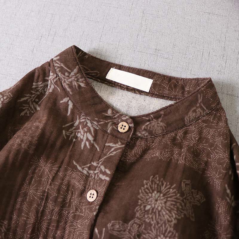 Buddha Stones Commute Bamboo Floral Pattern Long Sleeve Buttons Women's Cotton Midi Dress With Pockets