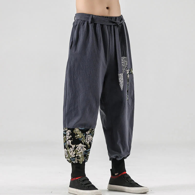 Buddha Stones Ocean Waves Lace-up Cotton Men's Harem Pants With Pockets