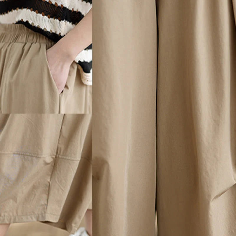 Buddha Stones Summer Irregular Pleating Design Cotton Women's Wide Leg Pants With Pockets