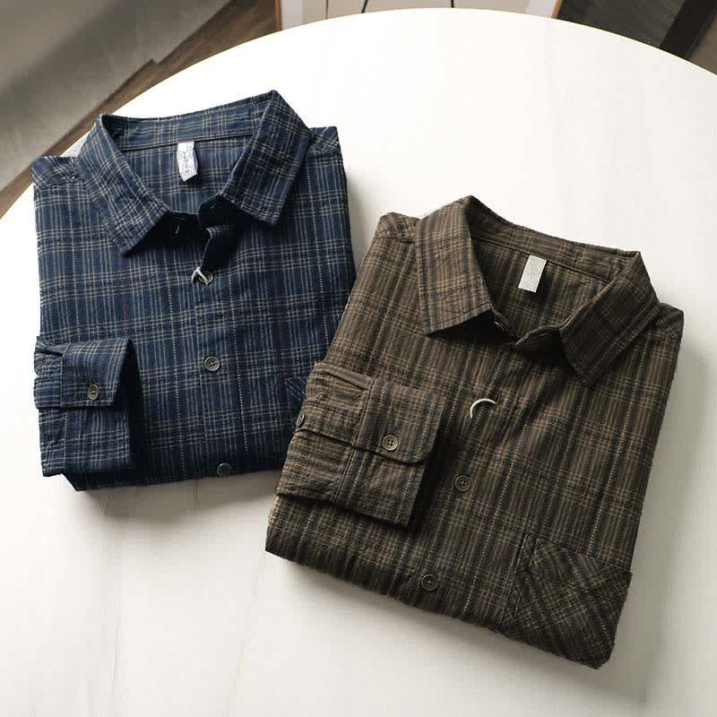 Buddha Stones Fall Commute Embroidery Plaid Pattern Men's Cotton Long Sleeve Shirts With Pocket