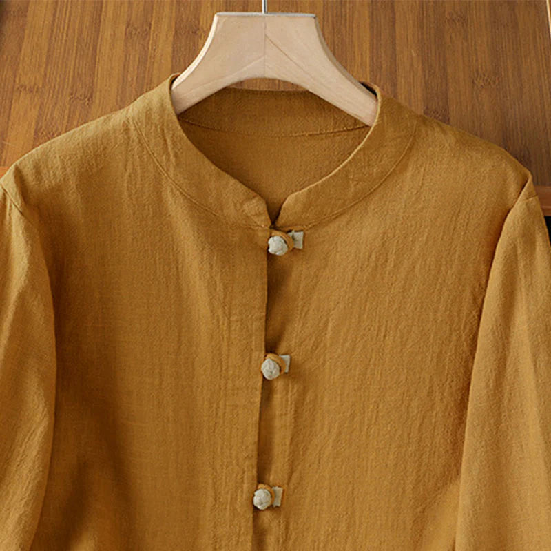 Buddha Stones Color Contrast Design Chinese Frog-Button Long Sleeve Women's Linen Shirt