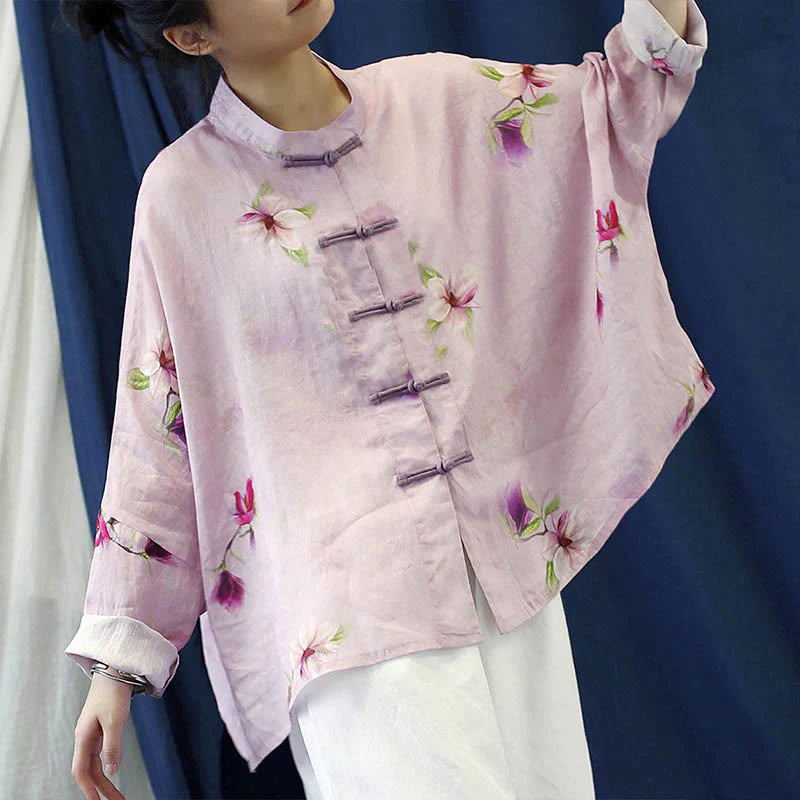 Buddha Stones Pink Flower Print Frog-button Design Batwing Long Sleeve Ramie Linen Jacket Shirt