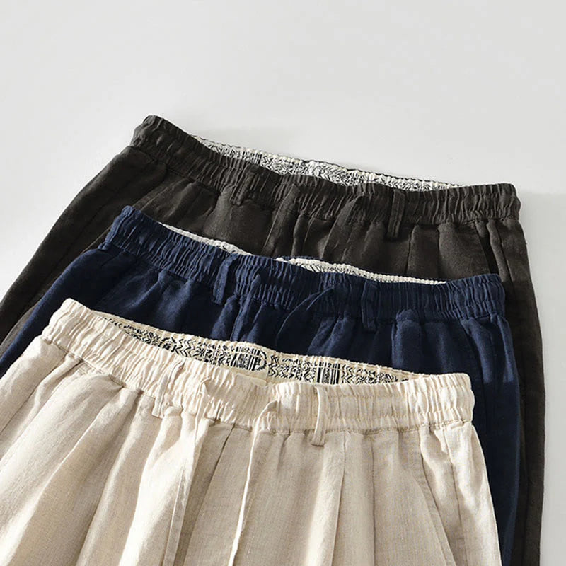 Buddha Stones Fall Solid Drawstring Elastic Waist Men's Linen Straight Leg Pants With Pockets