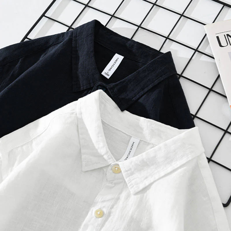 Buddha Stones Solid Color Loose Long Sleeve Half Button Shirt Linen Men Clothing