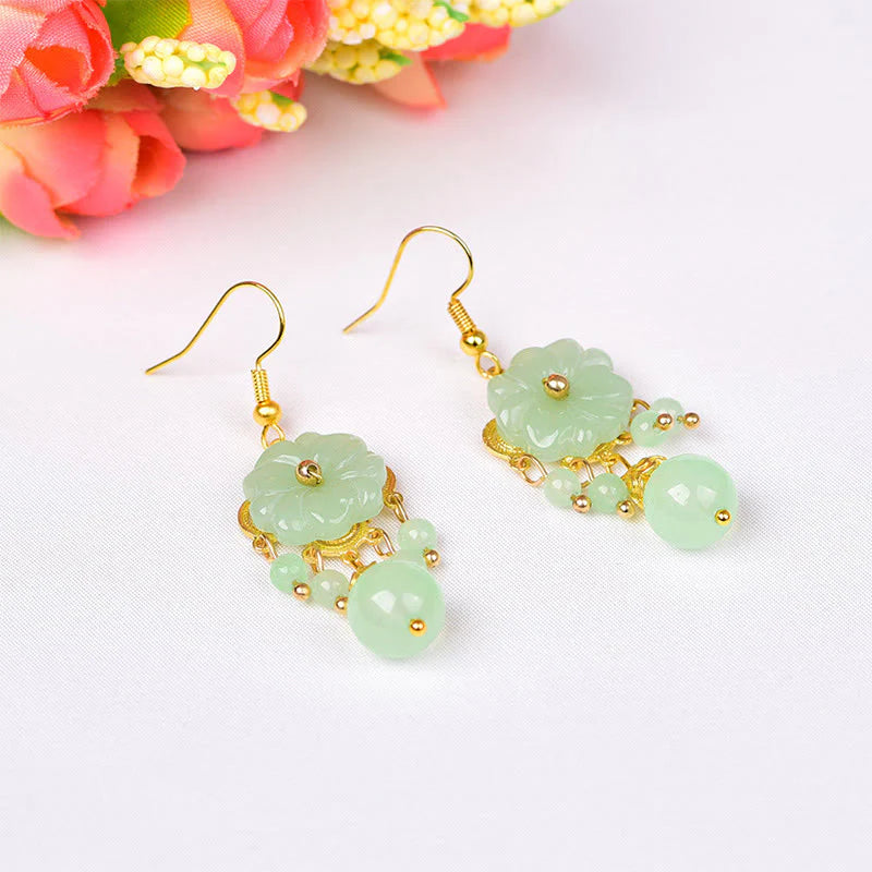 Buddha Stones Green Pink Flower Liuli Glass Drop Earrings