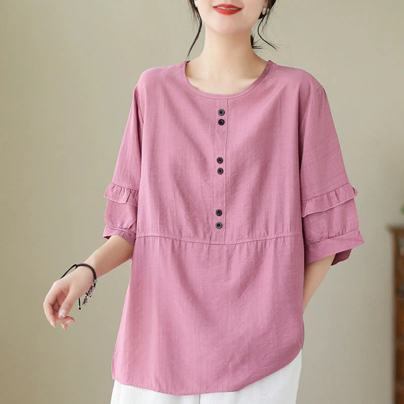 Buddha Stones Casual Summer Plain Crew Neck Women's Polyester Short Sleeve T-shirt