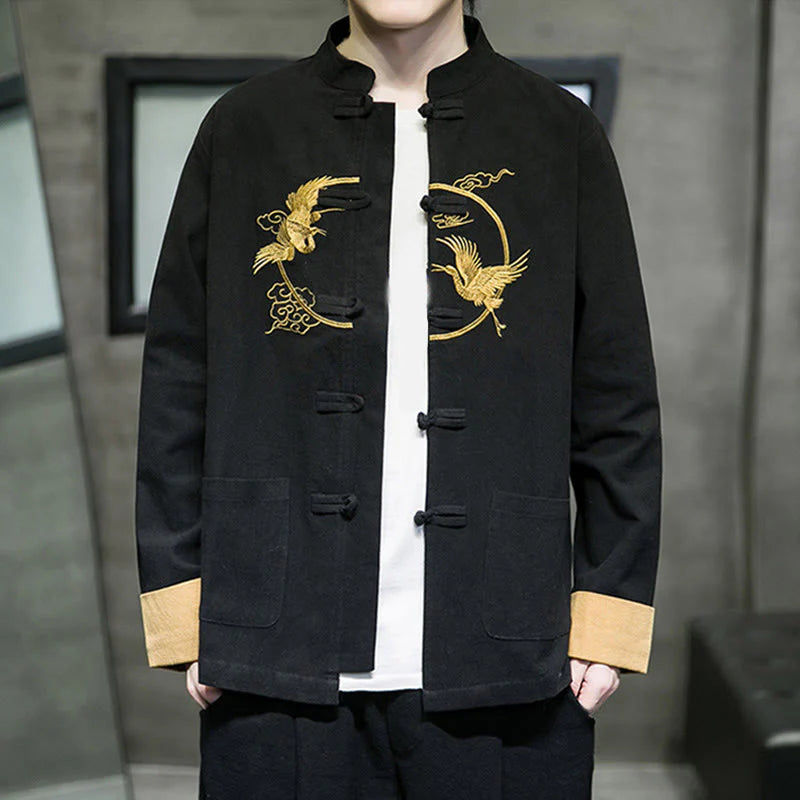 Buddha Stones Embroidery Cranes Pattern Frog-Button Men's Cotton Long Sleeve Jacket With Pockets