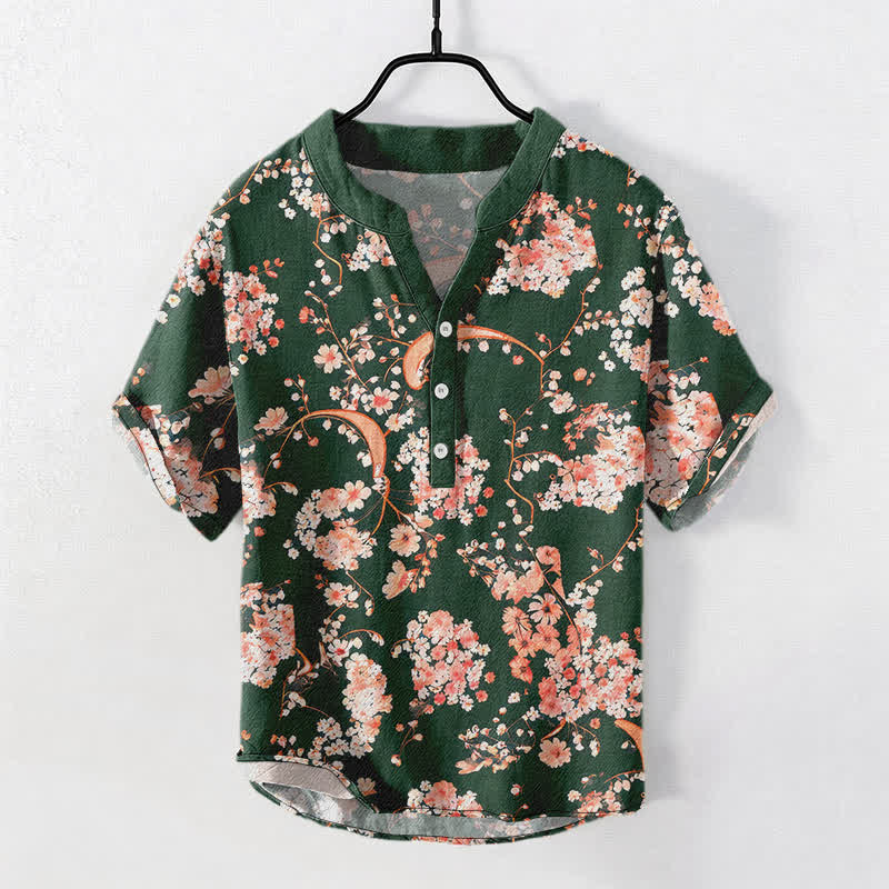 Buddha Stones Cotton Pink Floral Henley Men's Short Sleeve Half Button Shirt