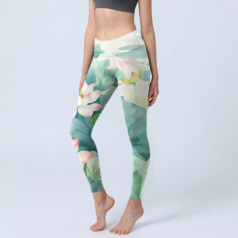 Buddha Stones Lotus Flowers Leaves Lotus Pods Pattern Print Gym Leggings Women's Yoga Pants