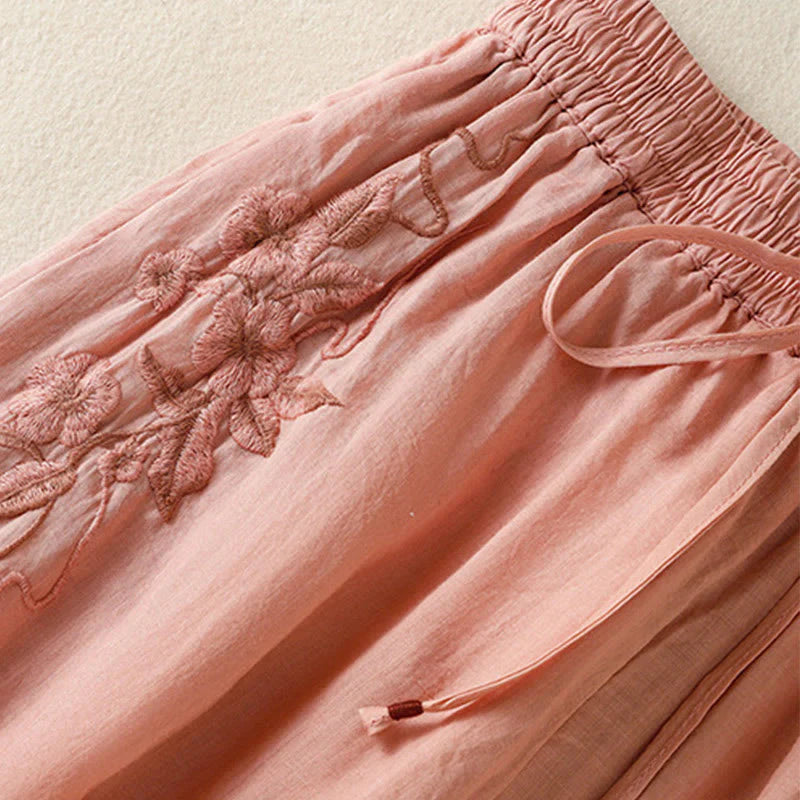 Buddha Stones Commute Embroidery Drawstring Women's Cotton Wide Leg Pants With Pockets