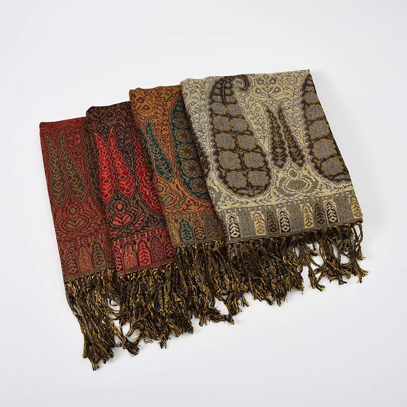 Buddha Stones Jacquard Color Contrast Patchwork Paisley Pattern Tassel Cozy Scarf Shawl