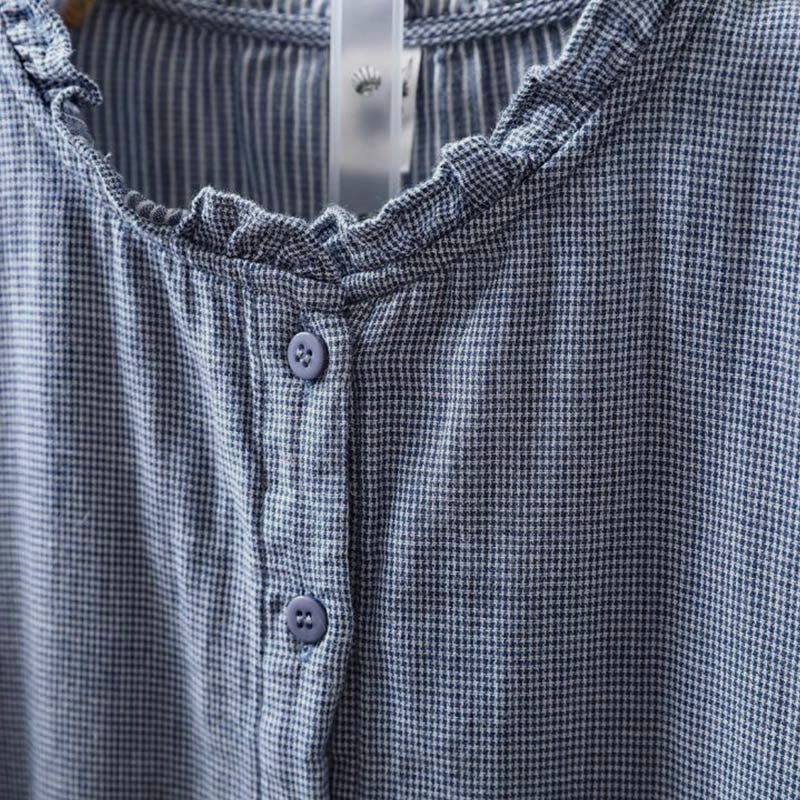 Buddha Stones Fall Small Plaid Button Down Ruffle Collar Long Sleeve Women's Cotton Shirt