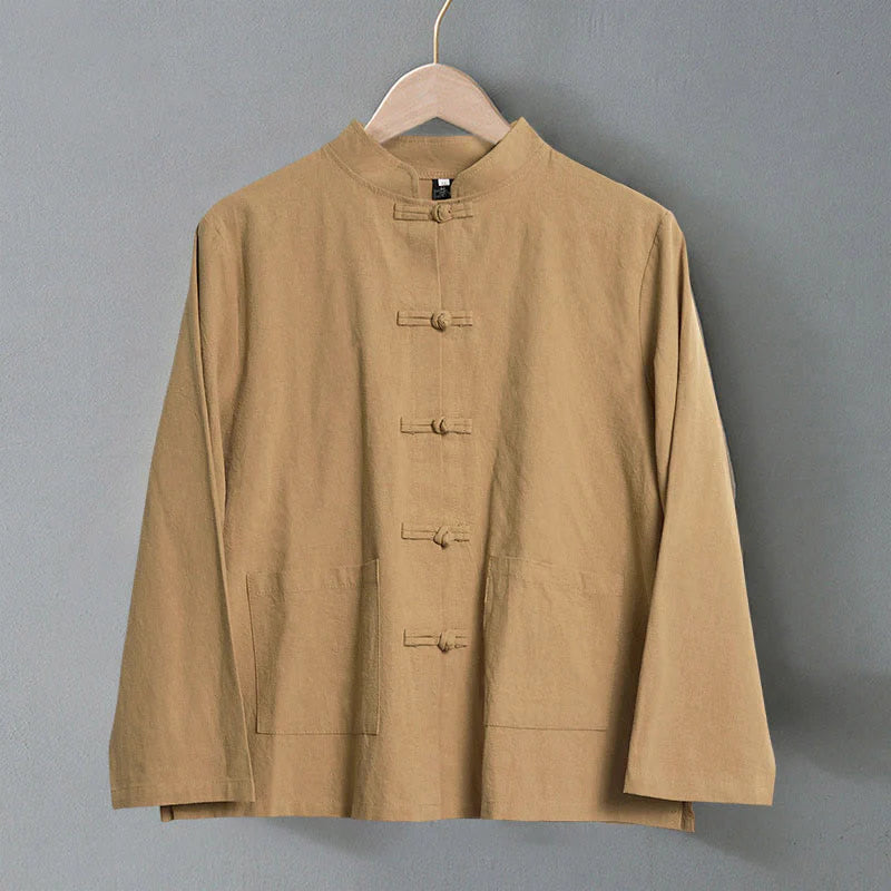 Buddha Stones Ethnic Frog-Button Long Sleeve Stand Collar Women's Cotton Shirt With Pockets