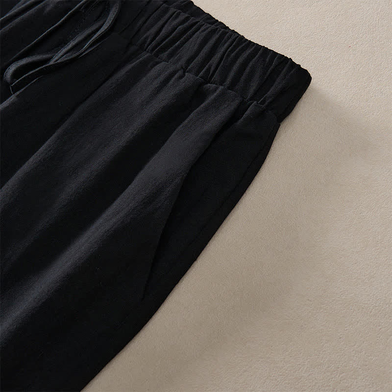 Buddha Stones Summer Lace-trimmed Hem Solid Color Women's Tapered Pants With Pockets
