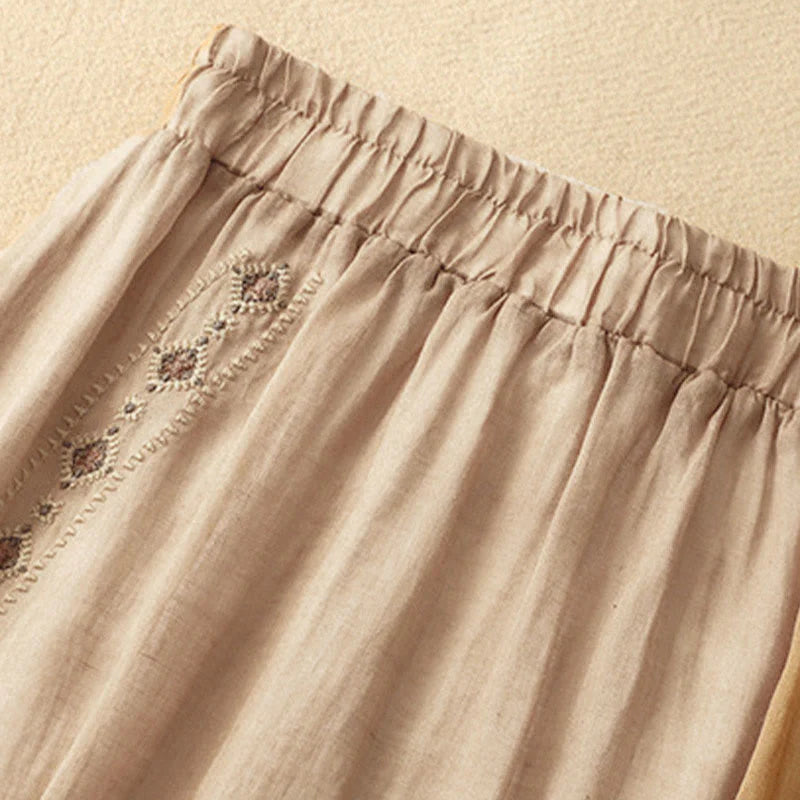 Buddha Stones Ethnic Vintage Embroidery Button Design Women's Cotton Linen 7-8 Length Skirt