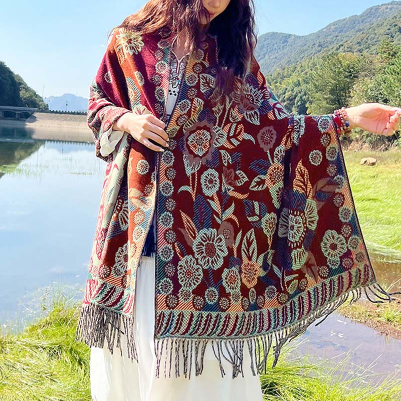 Buddha Stones Jacquard Ethnic Paisley Plants Pattern Tassel Soft Thermal Scarf Shawl