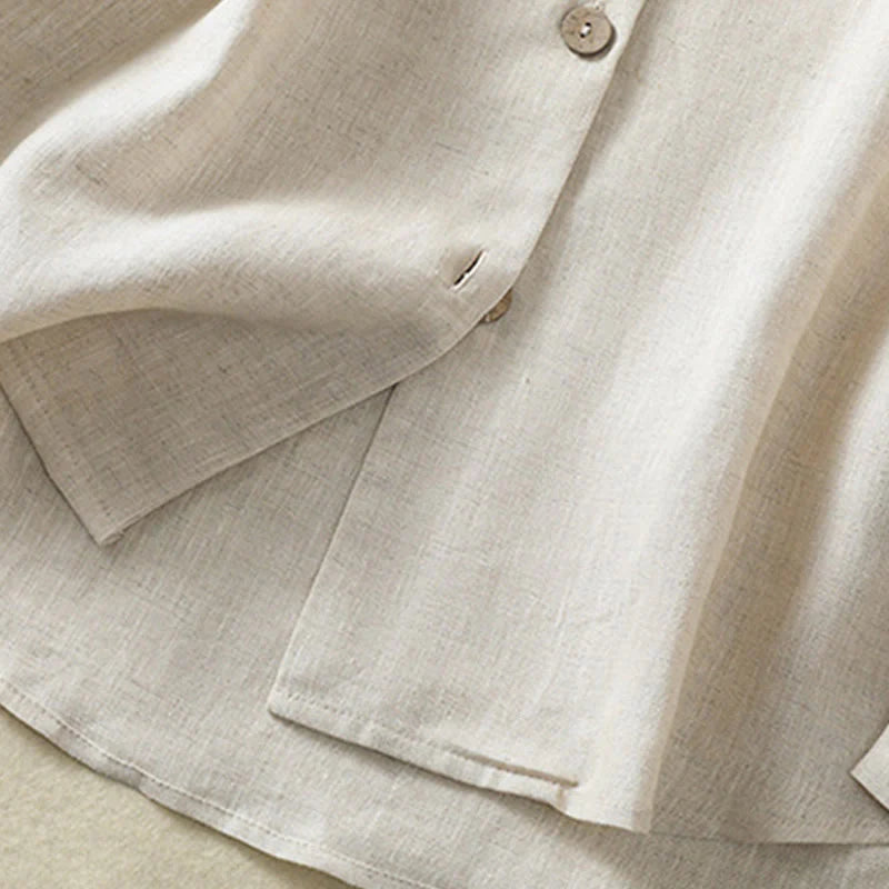 Buddha Stones Spring Plain Buttons Design V-Neck Long Sleeve Women's Cotton Linen Shirt