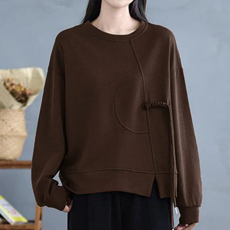 Buddha Stones Plain Frog-button Design Crew Neck Cotton Women's Long Sleeve Sweatshirt
