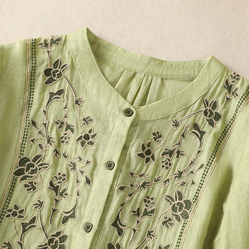 Buddha Stones Embroidery Single Breasted Women's Cotton Linen Three Quarter Sleeve Shirt