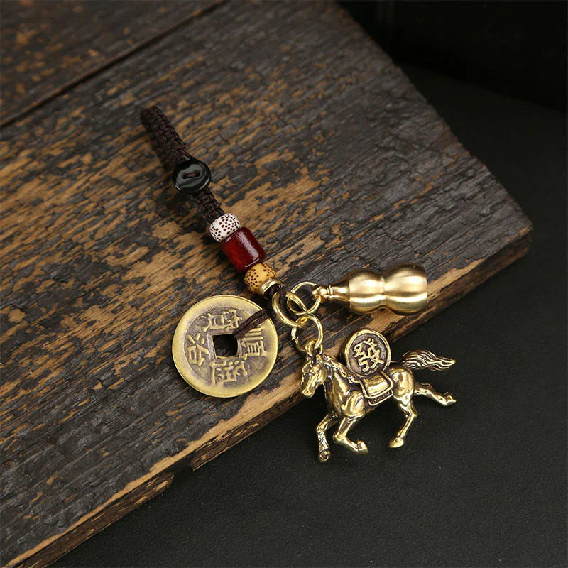Buddha Stones Year Of The Horse Copper Brass Five-emperor Coins Pixiu Ward Off Evil Spirits Key Chain