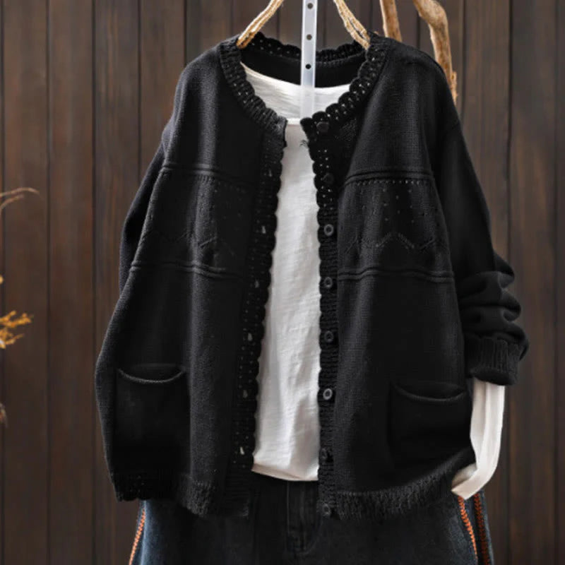 Buddha Stones Fall Lace Buttons Cotton Women's Long Sleeve Knitted Cardigan Sweater With Pockets