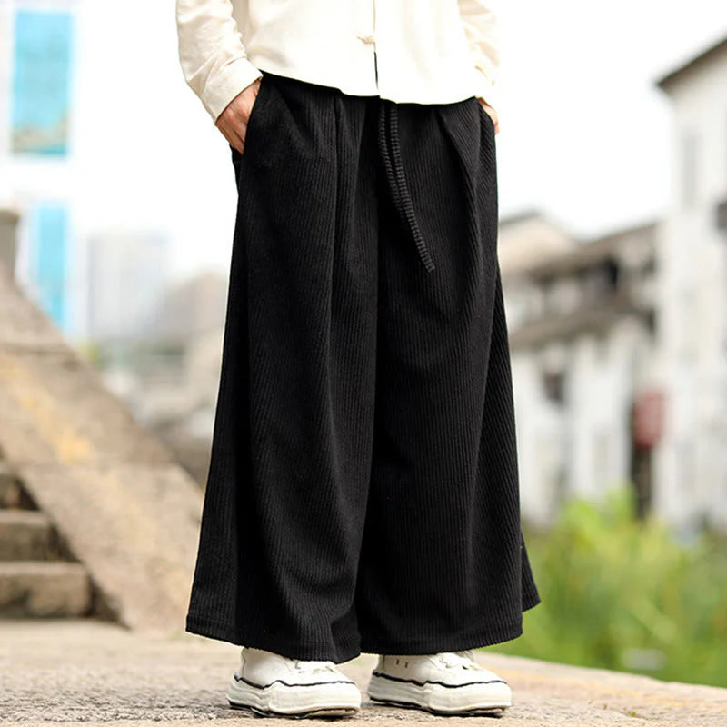 Buddha Stones Fall Solid Color Drawstring Design Men's Corduroy Wide Leg Pants With Pockets