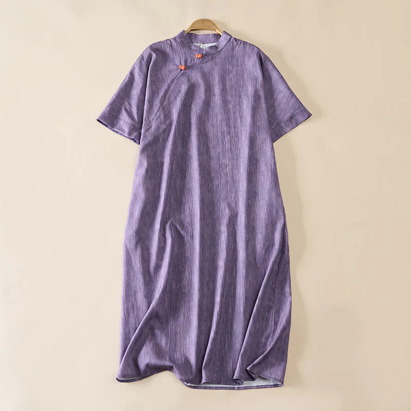 Buddha Stones Summer Crew Neck Plain Short Sleeve Below Knee Dress