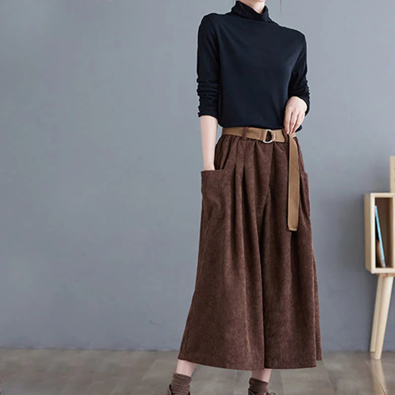 Buddha Stones Retro Women's Wide Leg 7-8 Length Corduroy Pants With Pockets Belt