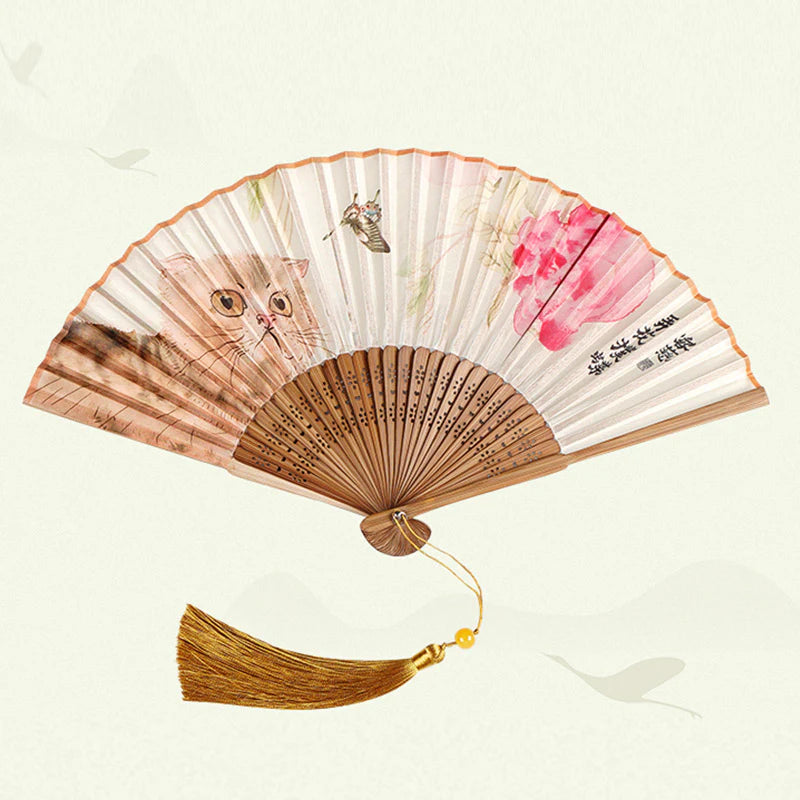 Buddha Stones Cute Cat Butterfly Flowers Pattern Handheld Silk Bamboo Folding Fan 21cm