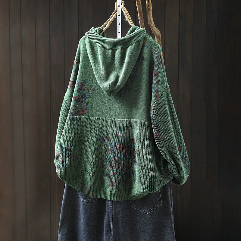 Buddha Stones Women's Knitted Floral Cotton Long Sleeve Hooded Sweater