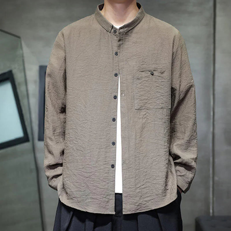 Buddha Stones Spring Men's Solid Color Buttons Design Long Sleeve Shirt