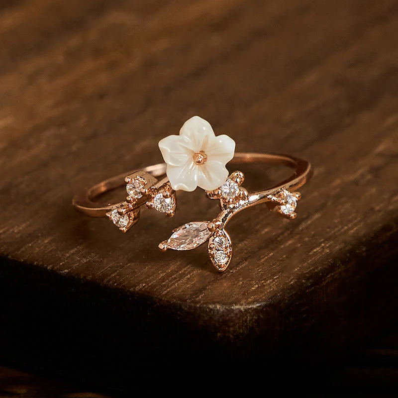 Buddha Stones White Flower Design Adjustable Healing Copper Ring
