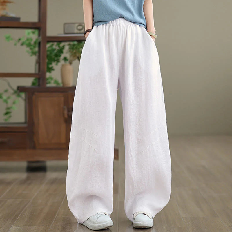 Buddha Stones Casual Plain Cotton Women's Wide Leg Pants With Pockets