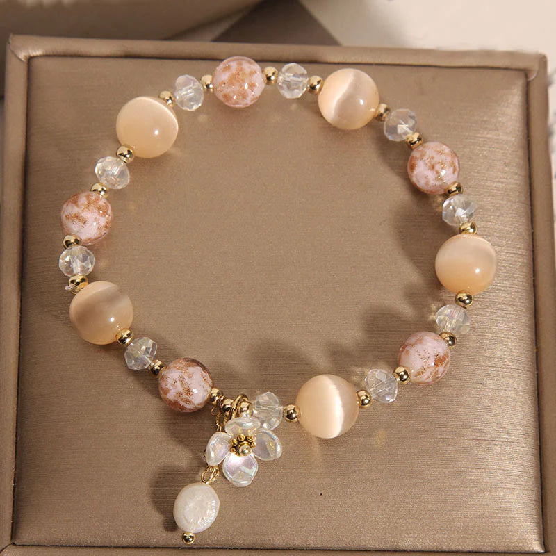 Buddha Stones Aquamarine Yellow Cat's Eye Stone Flower Peace Bracelet