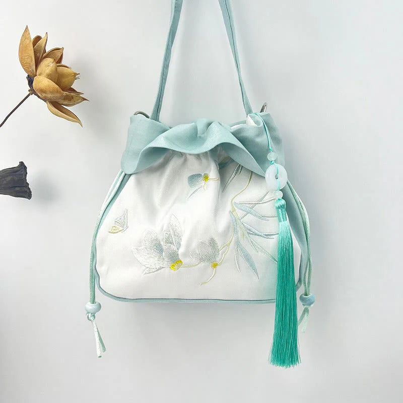 Buddha Stones Suzhou Embroidery Camellia Magnolia Peony Lotus Silk Tote Crossbody Bag Shoulder Bag Handbag