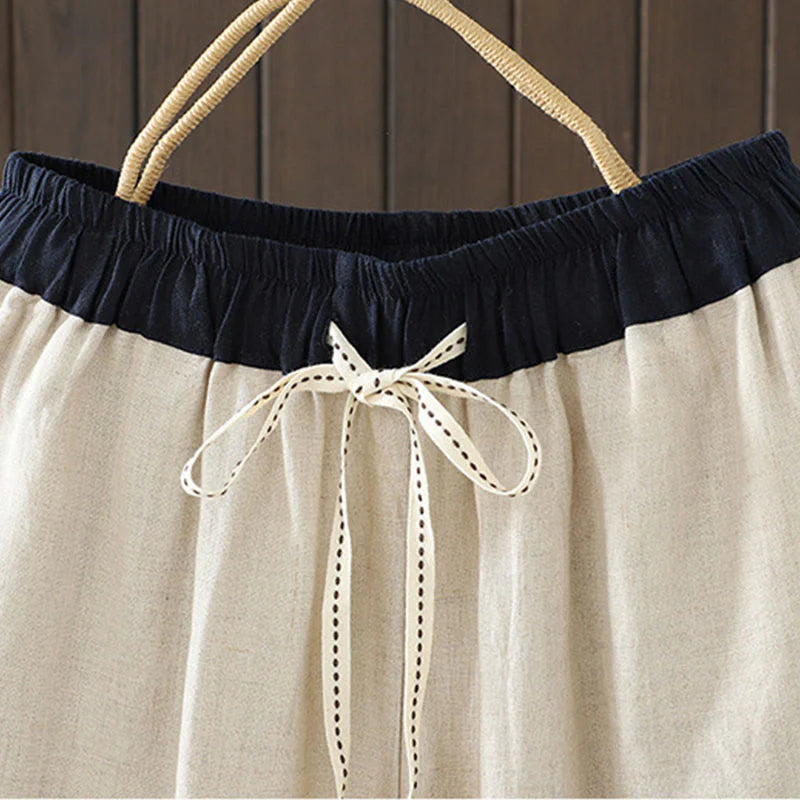 Buddha Stones Casual Splicing Color Rope Women's Cotton Straight-leg Pants With Pockets